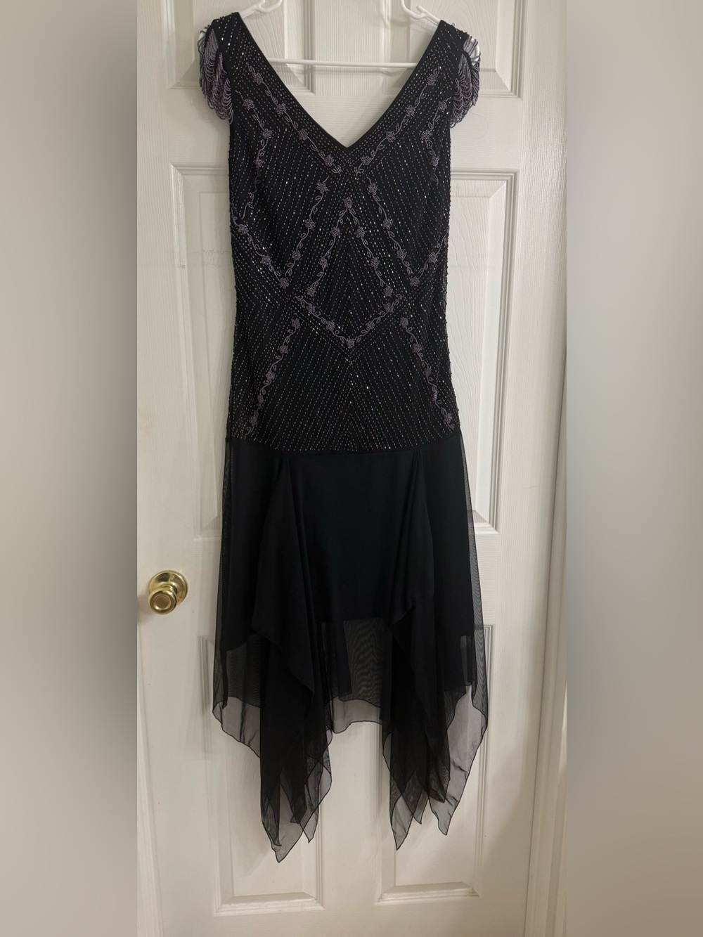 Sue Wong Black Beaded Handkerchief Hem Dress Size 8